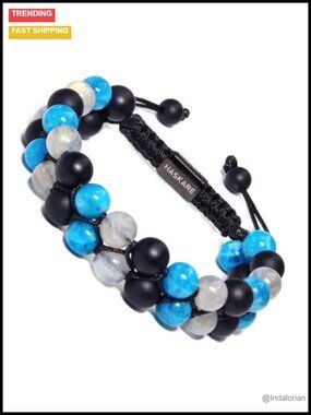 Natural Blue Apatite Labradorite Onyx Beaded Adjustable Bracelet Meditation